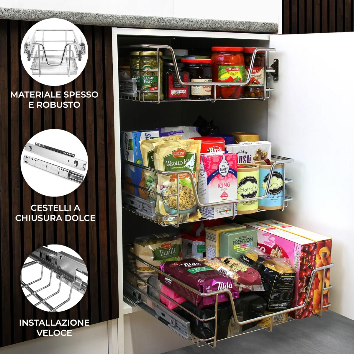 Cestelli Estraibili da Cucina in Acciaio - Mobile da 50cm - 3 Cesti - immagine 3